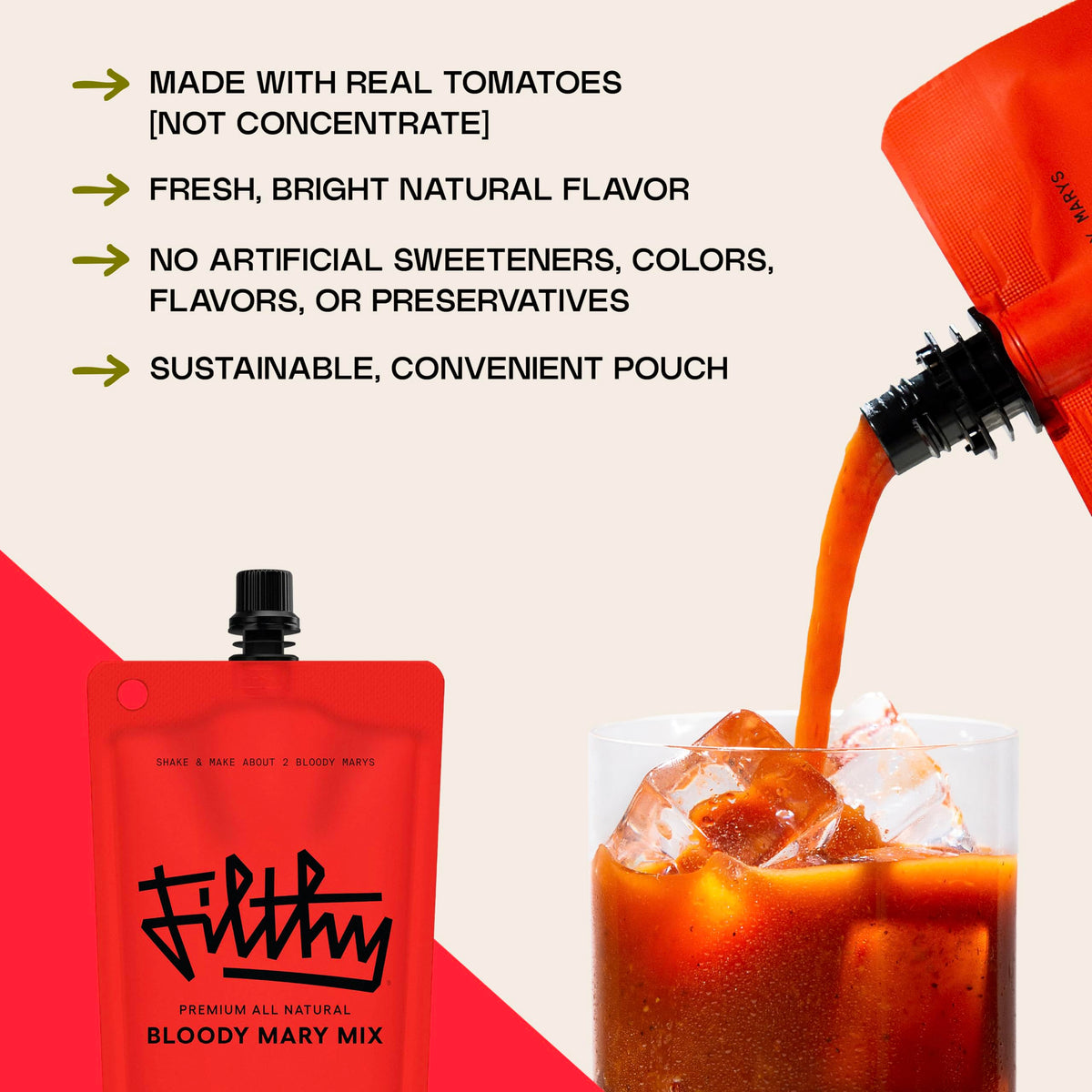 Filthy Food Bloody Mary mix pouches stay fresh and mess-free on the go