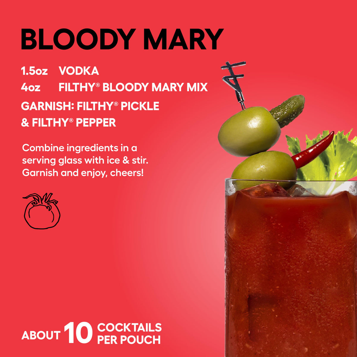 Pouring Filthy Food Bloody Mary mix into a glass