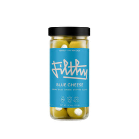 Filthy Food blue cheese stuffed olives in jar close-up, premium cocktail garnish for martinis.