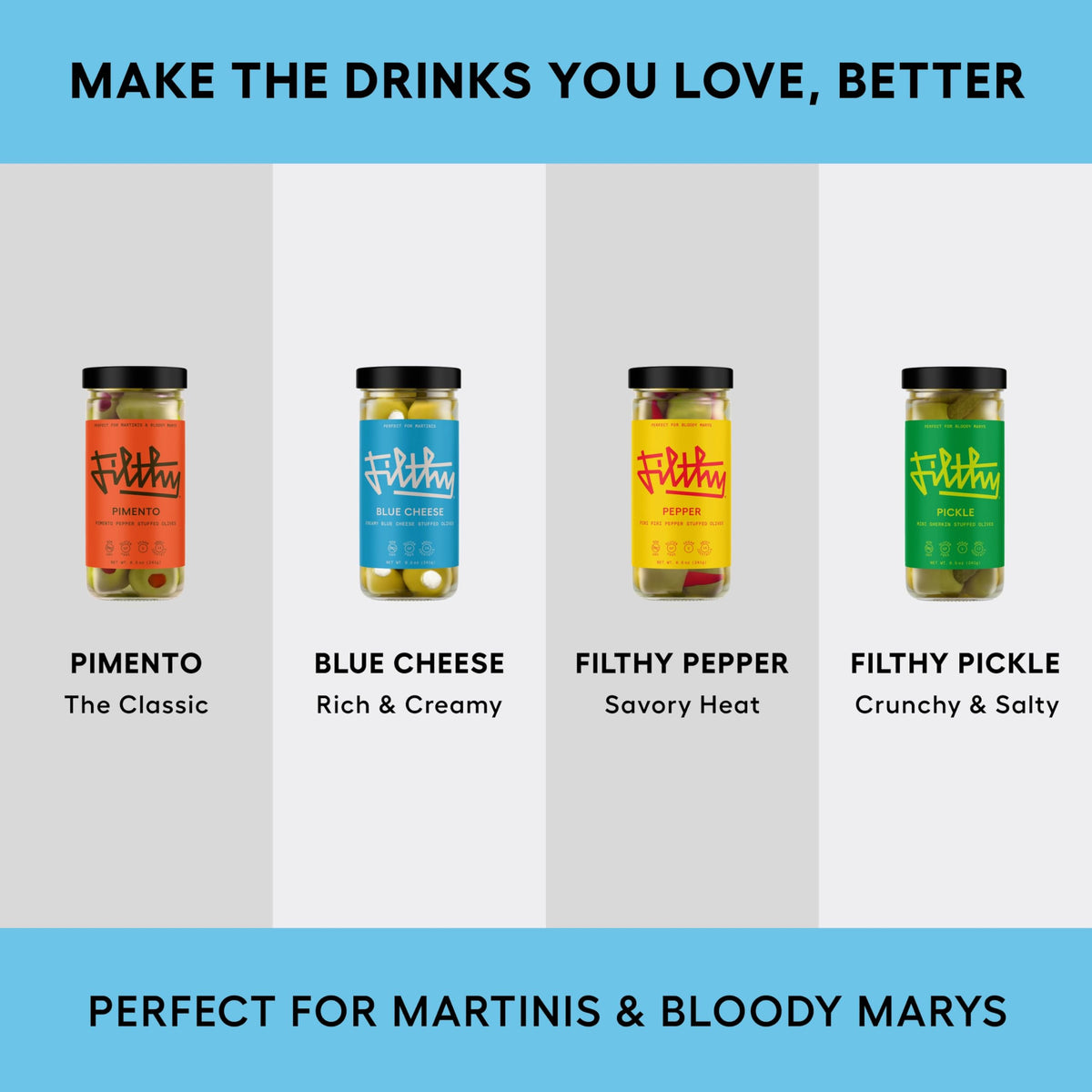 Filthy Food versatile garnish for cocktails and boards, enhancing savory olive experiences.