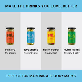 Filthy Food versatile garnish for cocktails and boards, enhancing savory olive experiences.