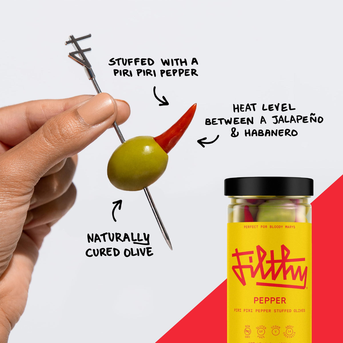 Filthy Food hand-stuffed olives enhance cocktails with premium presentation.