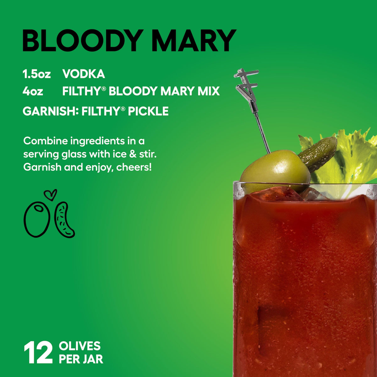 Filthy Food martini garnish olives, sleek presentation for chic bar setups.