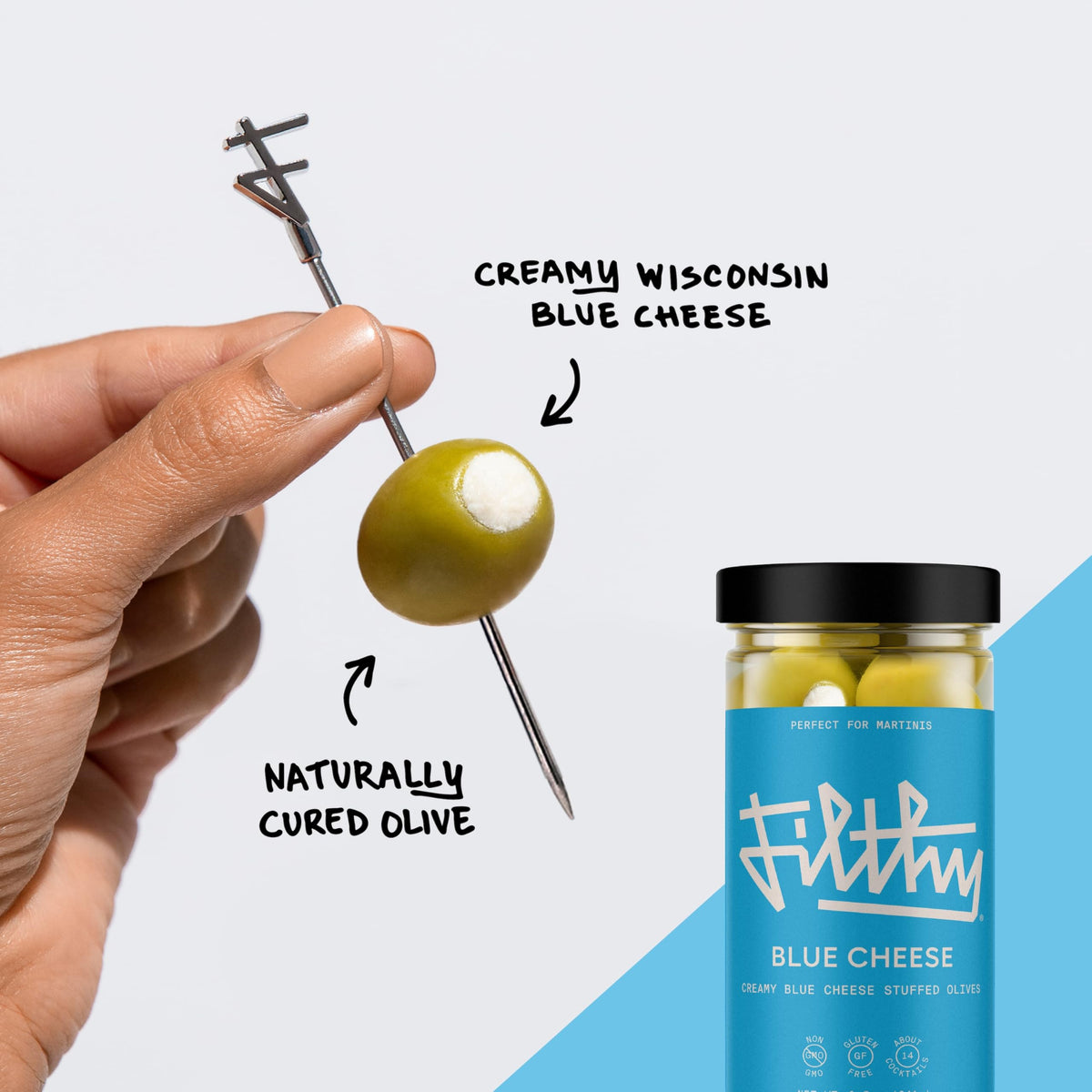 Filthy Food natural cured queen olives with smooth flavor ideal for charcuterie boards.