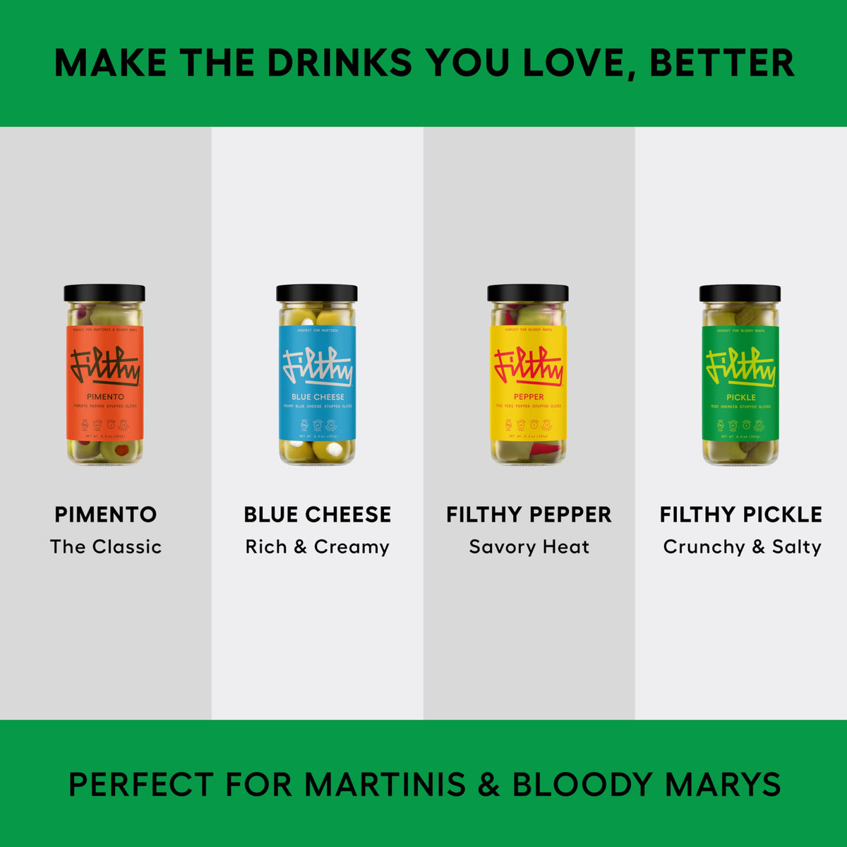 Filthy Food non-GMO vegan olives, suitable for gluten-free menus.
