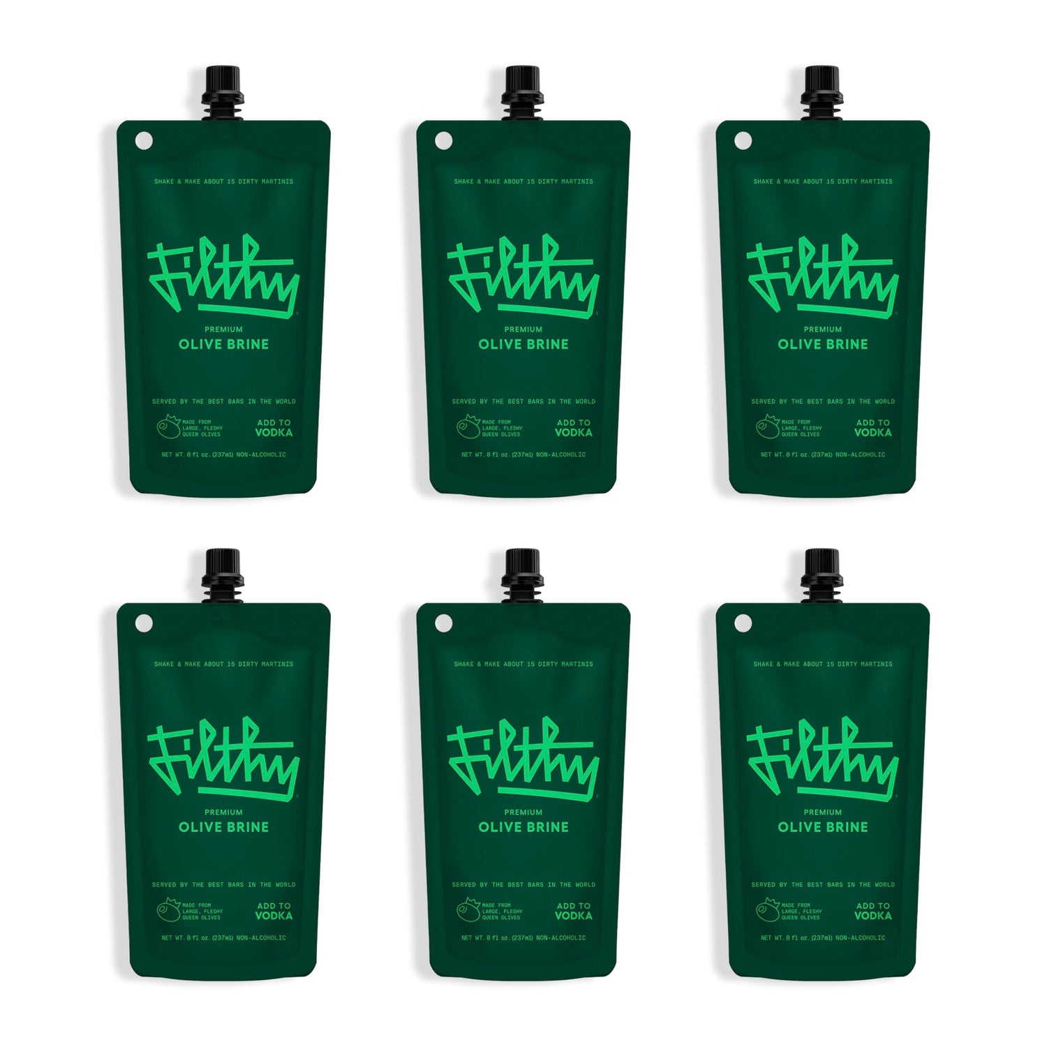 Filthy Food olive brine bottle pour delivers woody, nutty savor to cocktails.