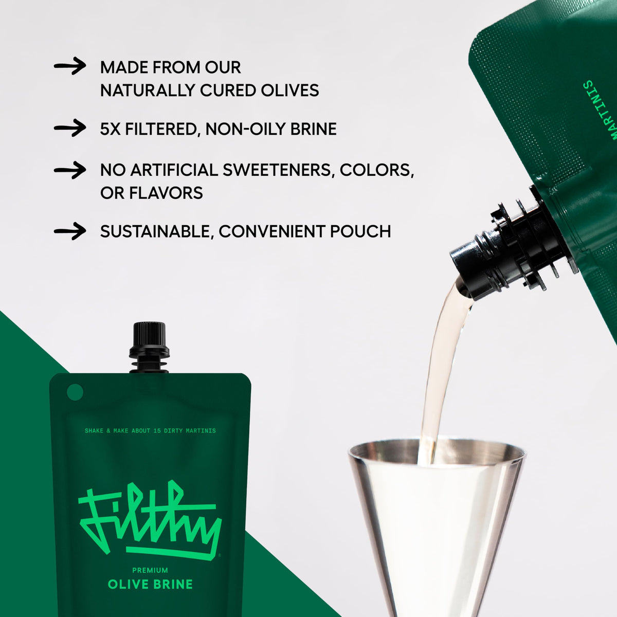 Filthy Food olive brine martini assembly shows bar-quality flavor at home.
