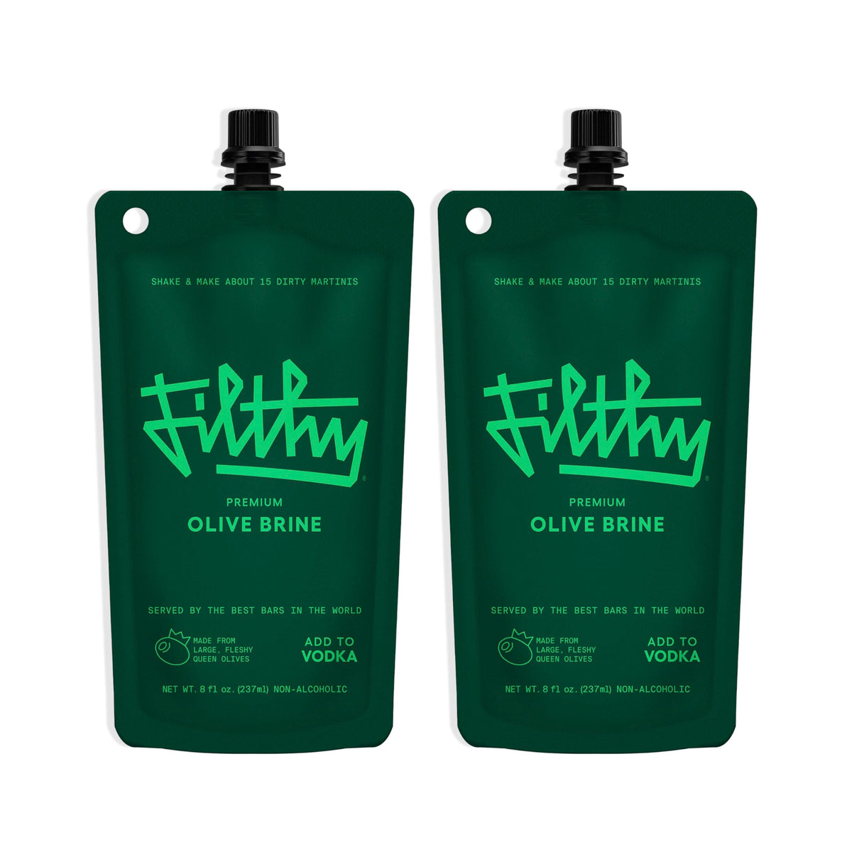 Filthy Food olive brine pouch seal showcases freshness ideal for elevated cocktails.