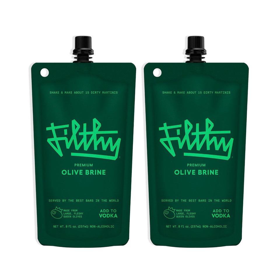 Filthy Food olive brine pouch seal showcases freshness ideal for elevated cocktails.