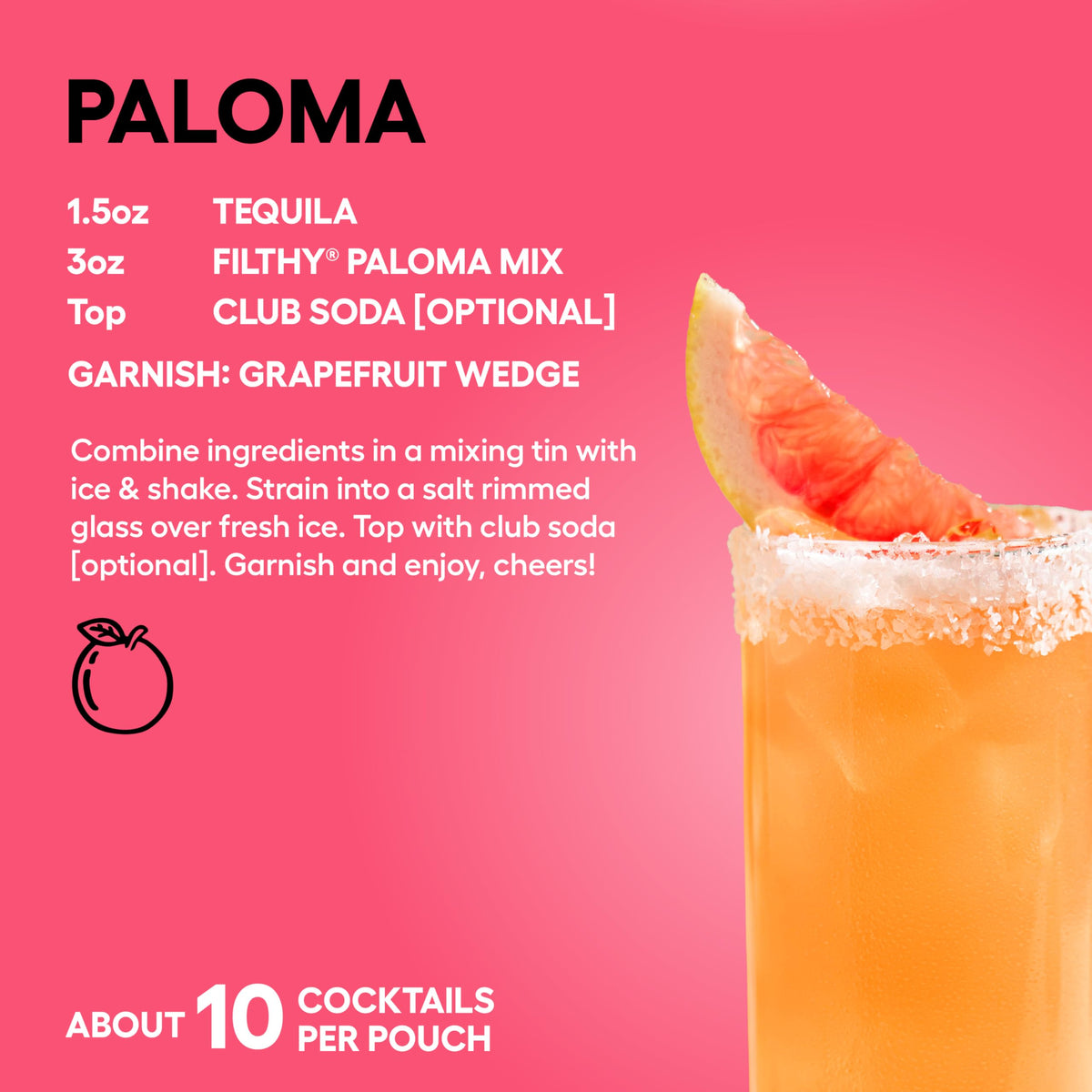 Filthy Food Paloma Mix glass with lime shows vibrant citrus balance.