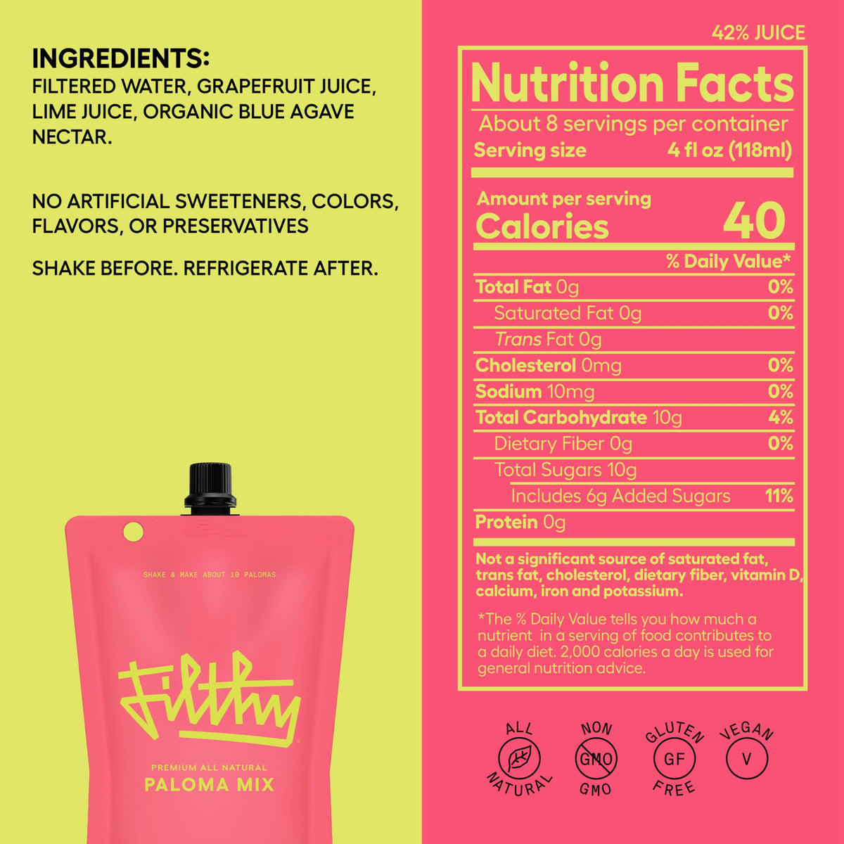 Filthy Food Paloma Mix package back highlights convenient 32 oz pouch.