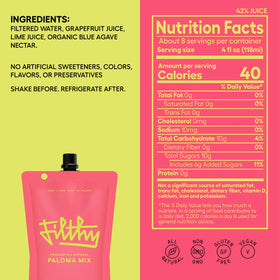 Filthy Food Paloma Mix package back highlights convenient 32 oz pouch.