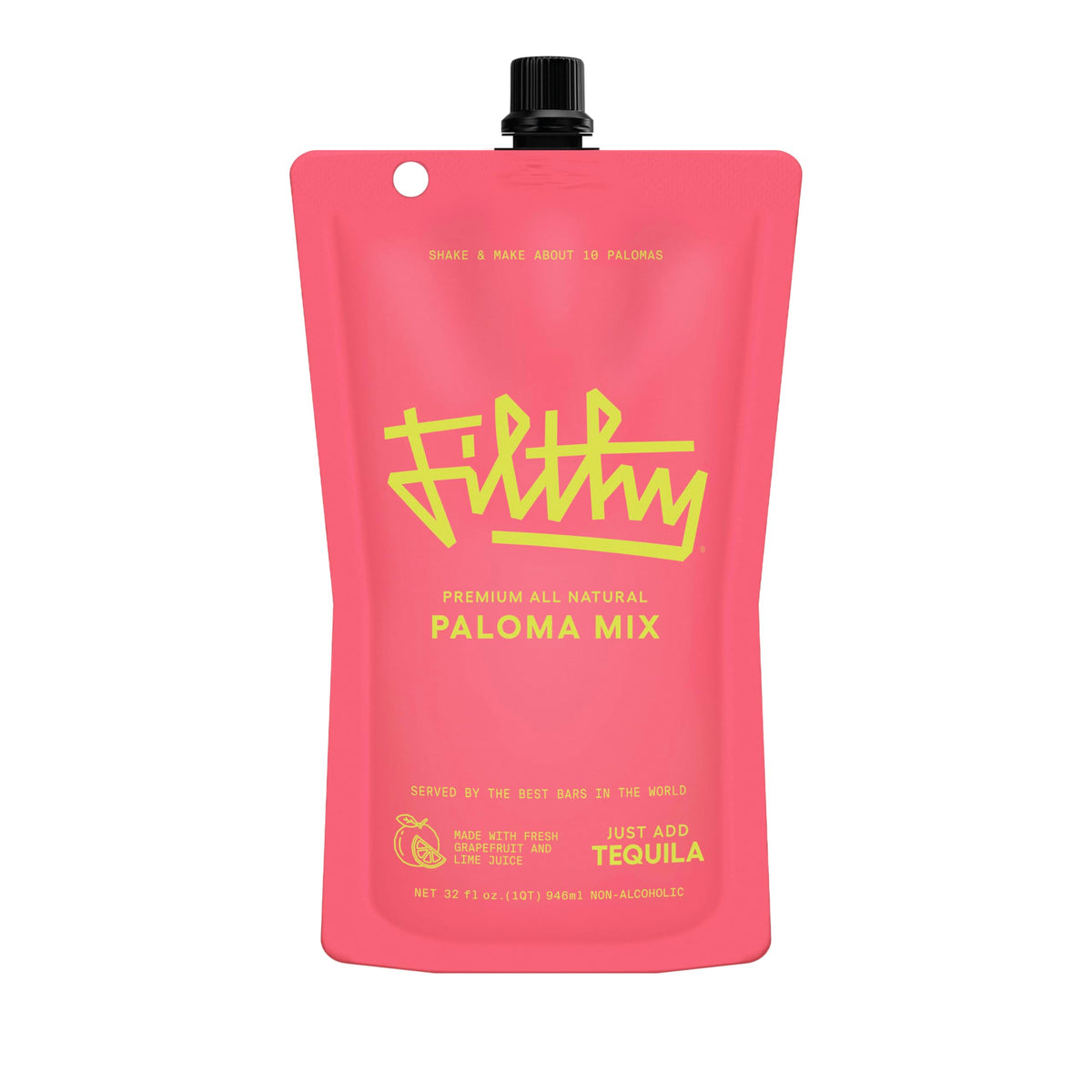 Filthy Food Paloma Mix pouch front showcases all-natural ingredients for fresh cocktails.