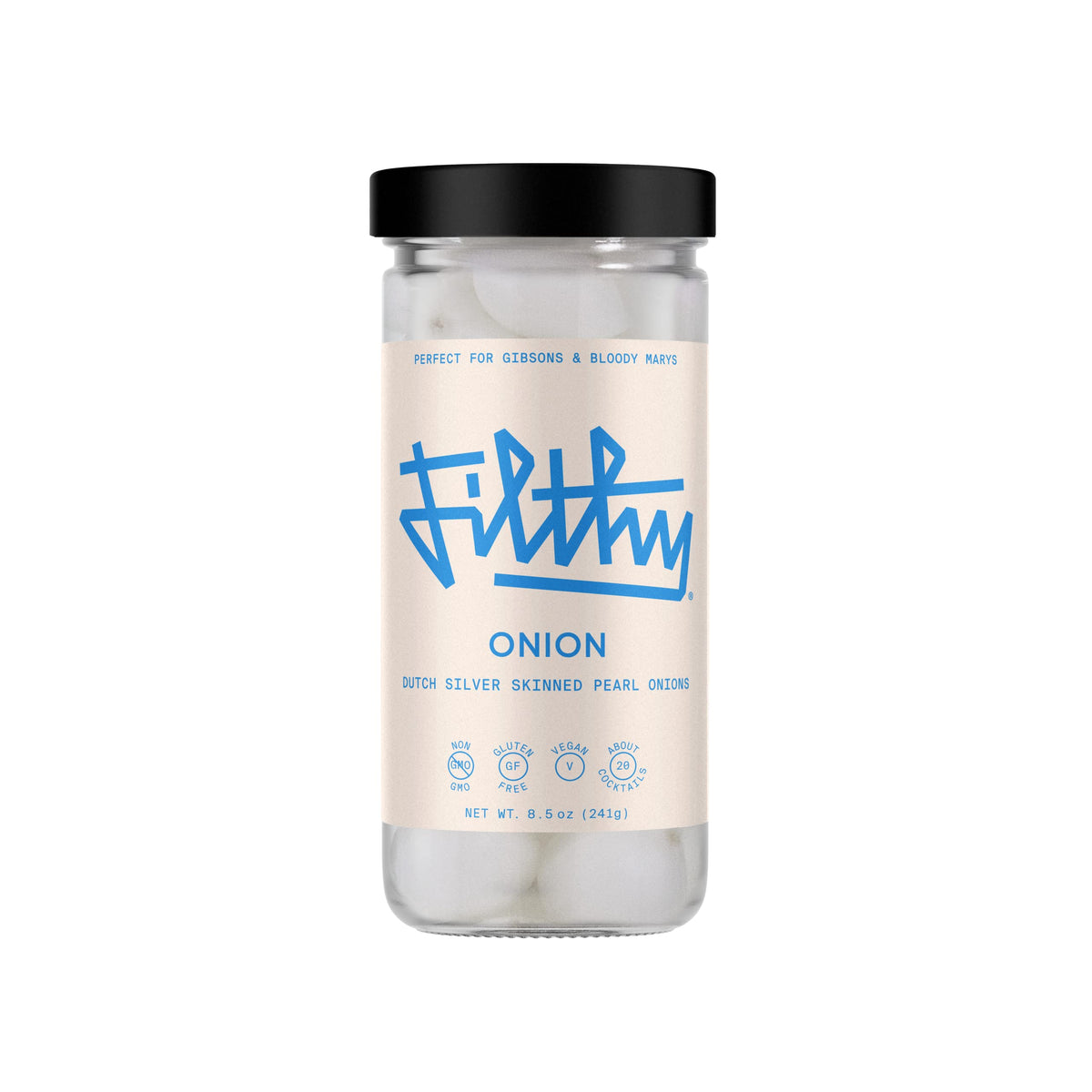 Filthy Food pearl onions with Dutch silver skin, perfect Gibson martini garnish with crisp texture.