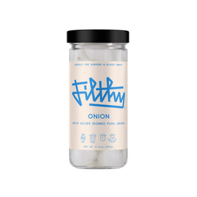 Filthy Food pearl onions with Dutch silver skin, perfect Gibson martini garnish with crisp texture.