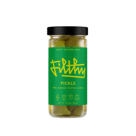 Filthy Food pickle-stuffed olives in jar, ideal for premium cocktail garnishes.