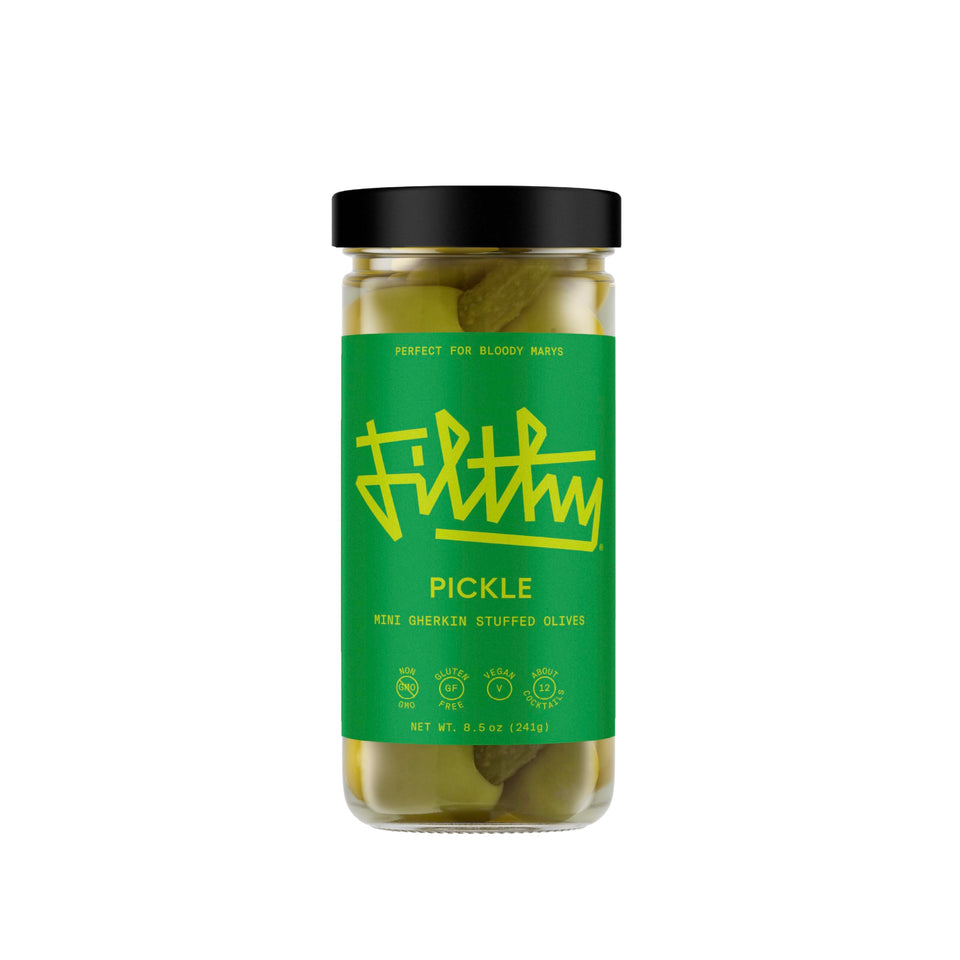 Filthy Food pickle-stuffed olives in jar, ideal for premium cocktail garnishes.