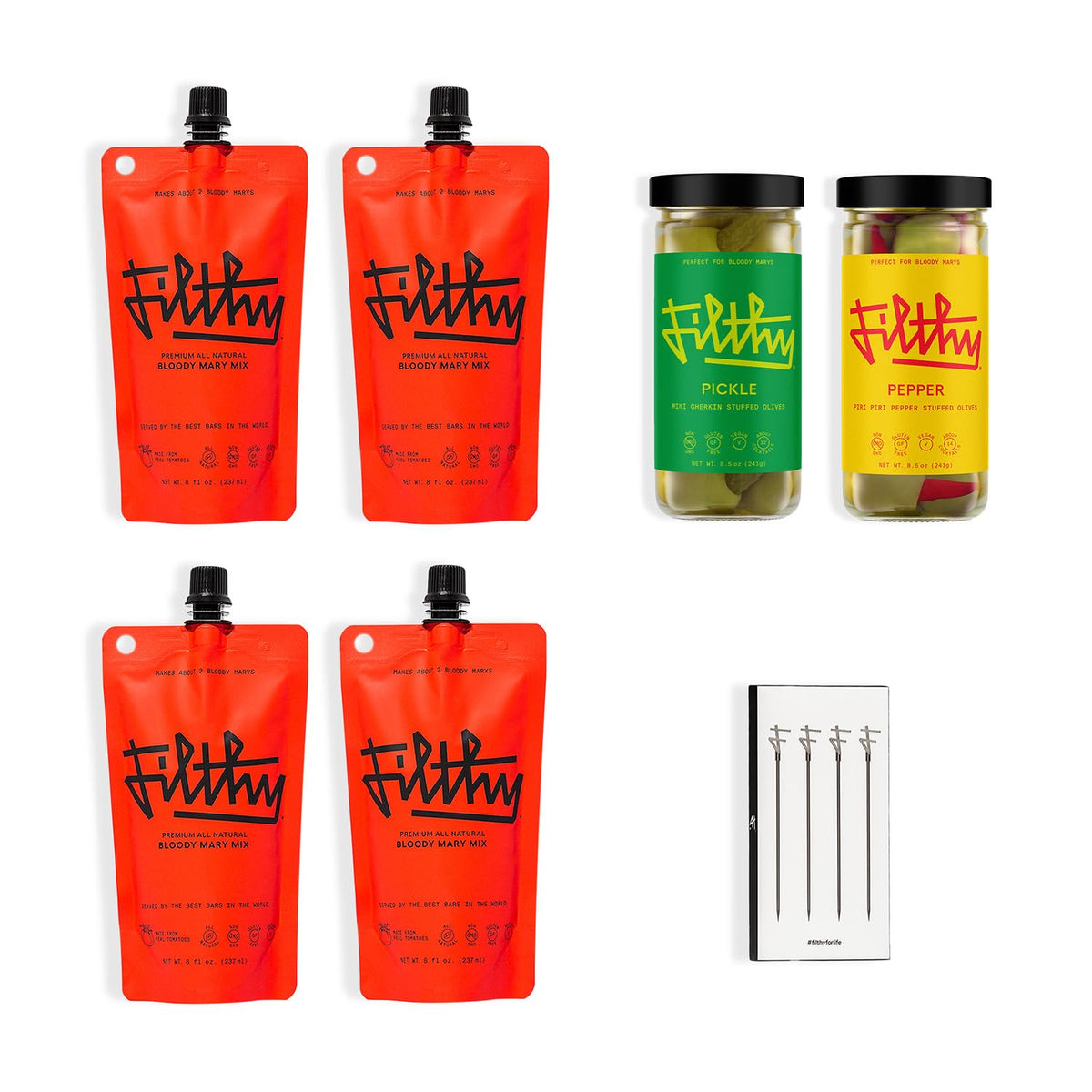 Filthy Food pickle-stuffed olives add savory drama to your Bloody Mary ritual at home