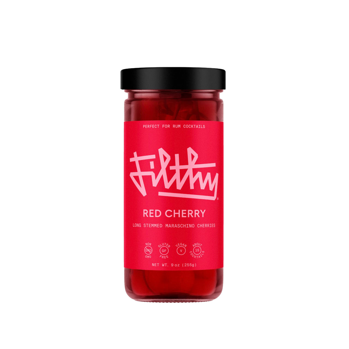 Filthy Food red maraschino cherries jar close-up for premium cocktail garnish.