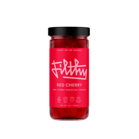 Filthy Food red maraschino cherries jar close-up for premium cocktail garnish.