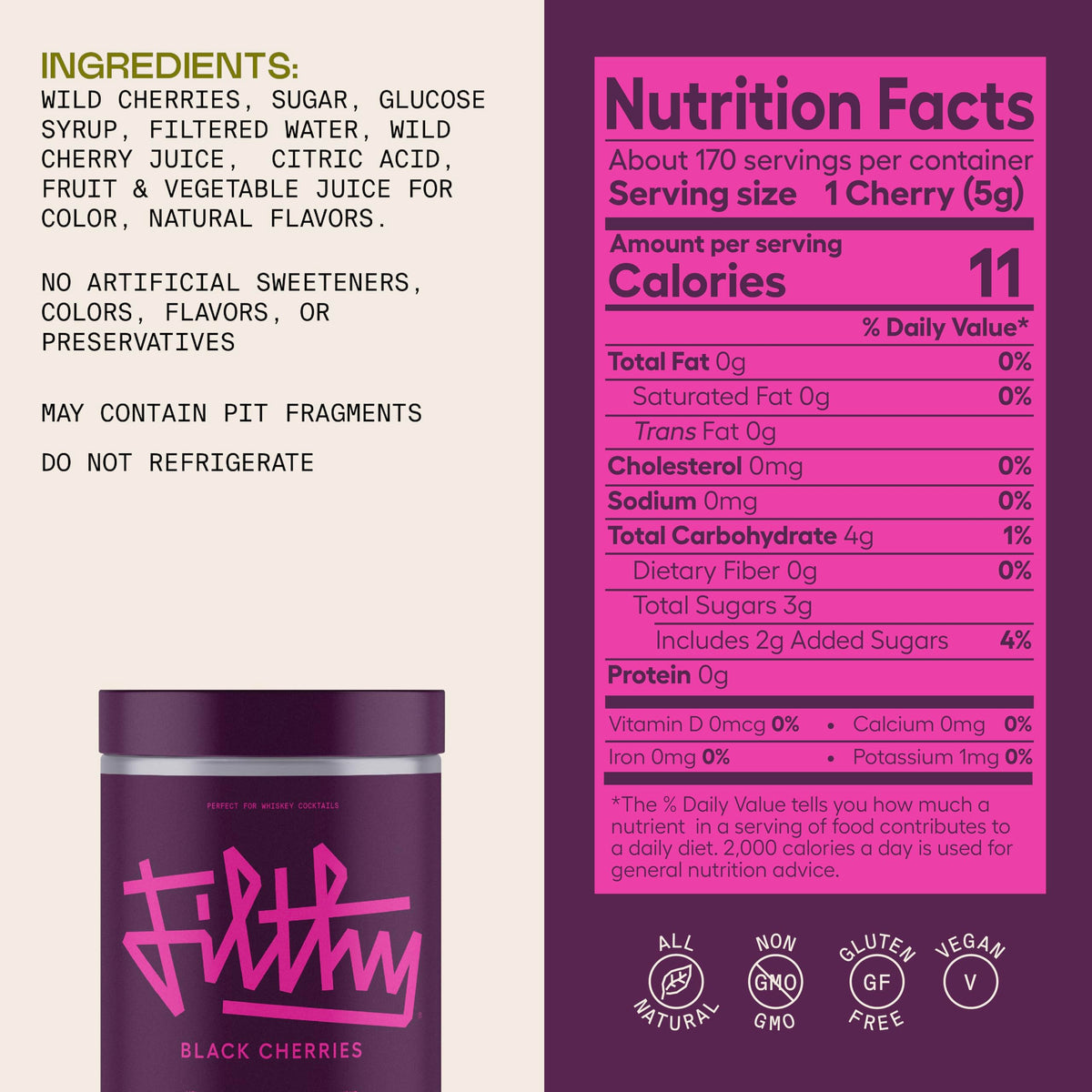 Filthy Italian origin Amarena cherries reflect traditional copper-pot preparation.