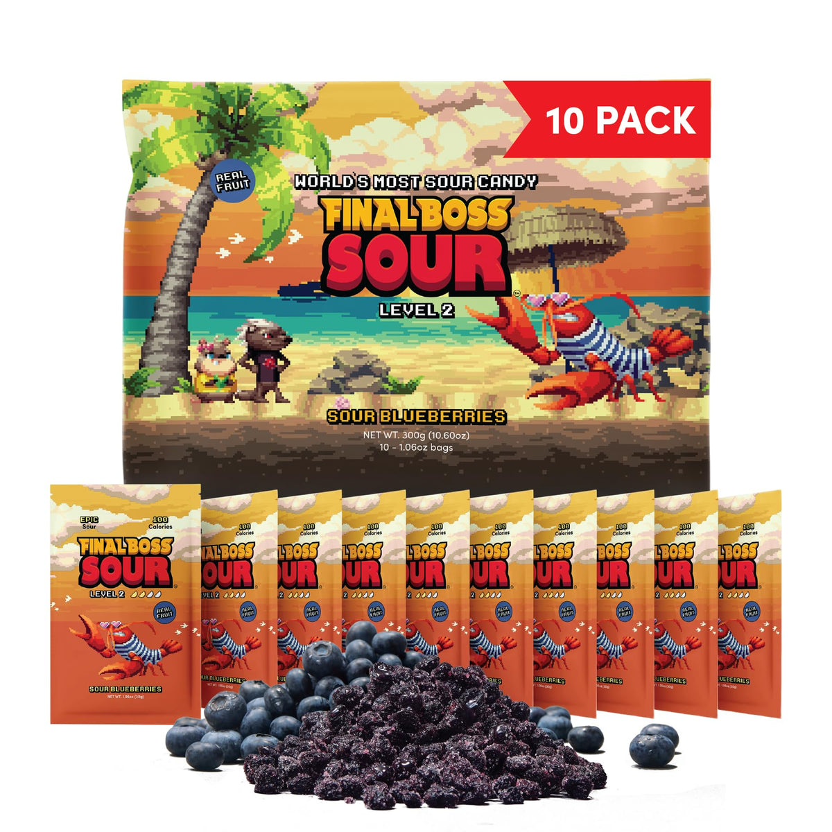 Final Boss Sour Blueberries Level 2 10-pack front view for on-the-go snacking.