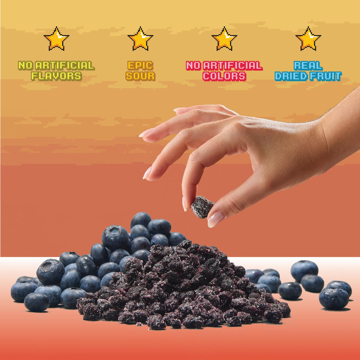 Final Boss Sour Blueberries Level 2 pouch close-up reveals real fruit bits.