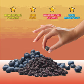 Final Boss Sour Blueberries Level 2 pouch close-up reveals real fruit bits.