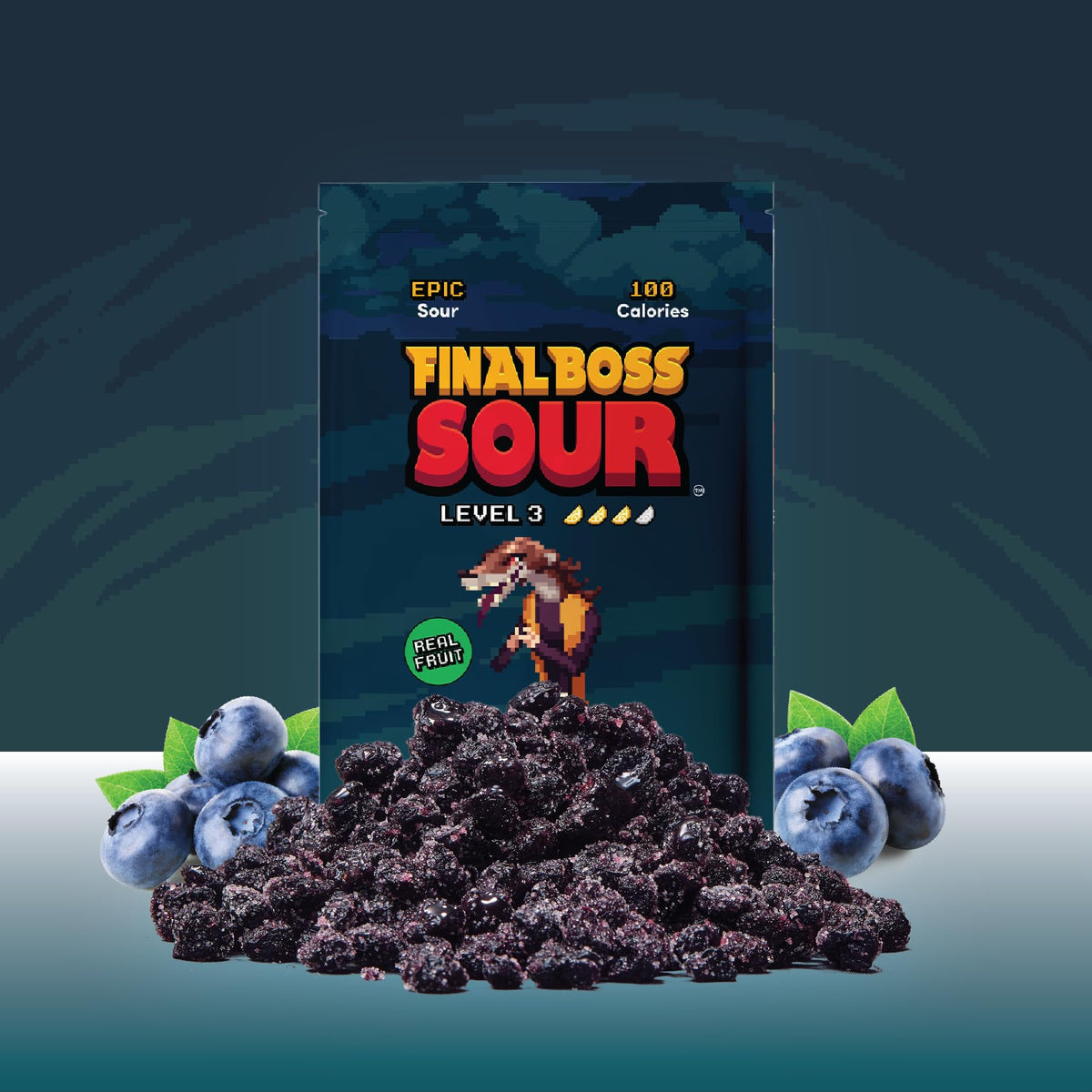 Final Boss Sour Blueberries packs highlight portable on-the-go snacking convenience.