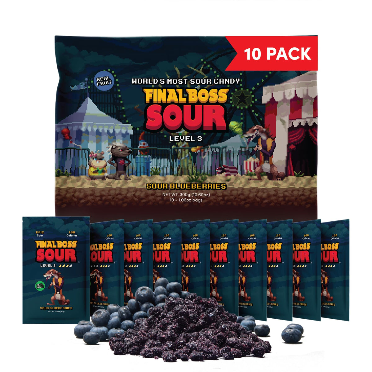 Final Boss Sour Blueberries pouch showing real fruit flavor for on-the-go snacking.