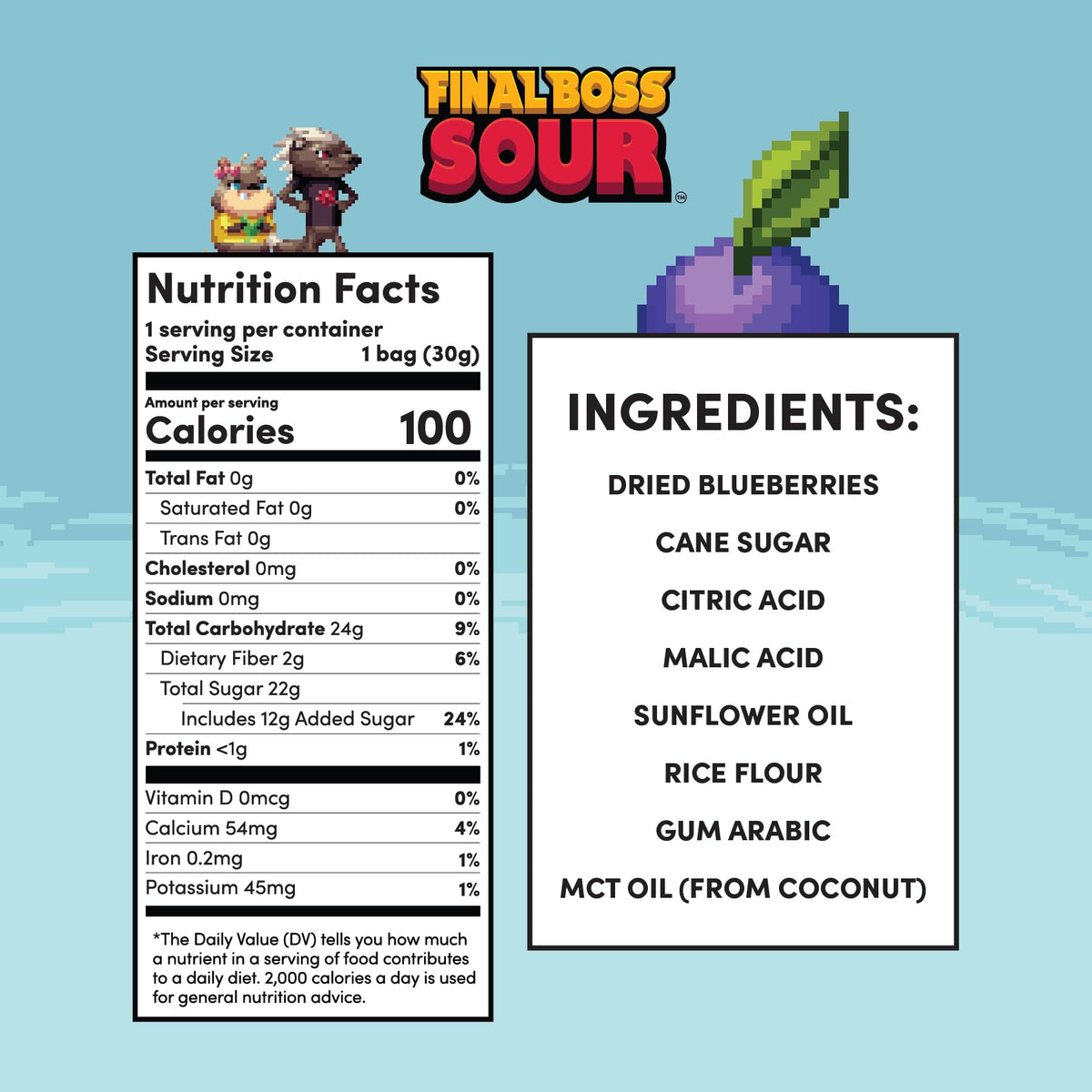 Final Boss Sour Blueberry Level 1 bag front emphasizes clean label and portions.