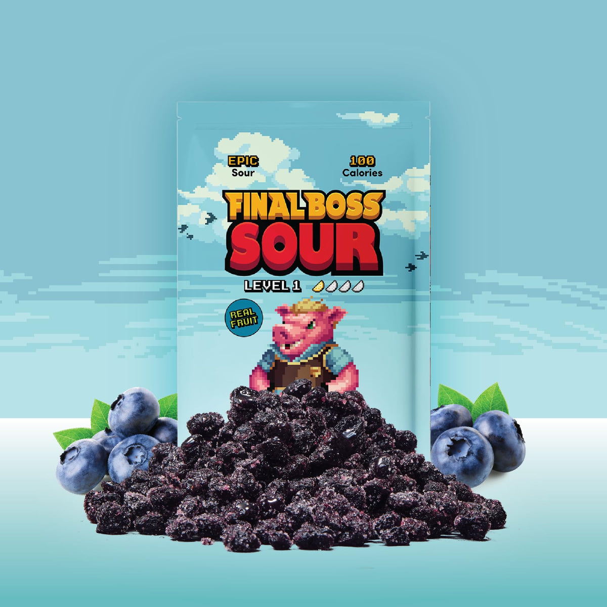 Final Boss Sour Blueberry Level 1 chews close-up reveals chewy texture and fruit pieces.
