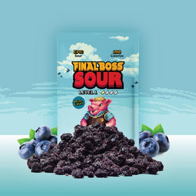 Final Boss Sour Blueberry Level 1 chews close-up reveals chewy texture and fruit pieces.