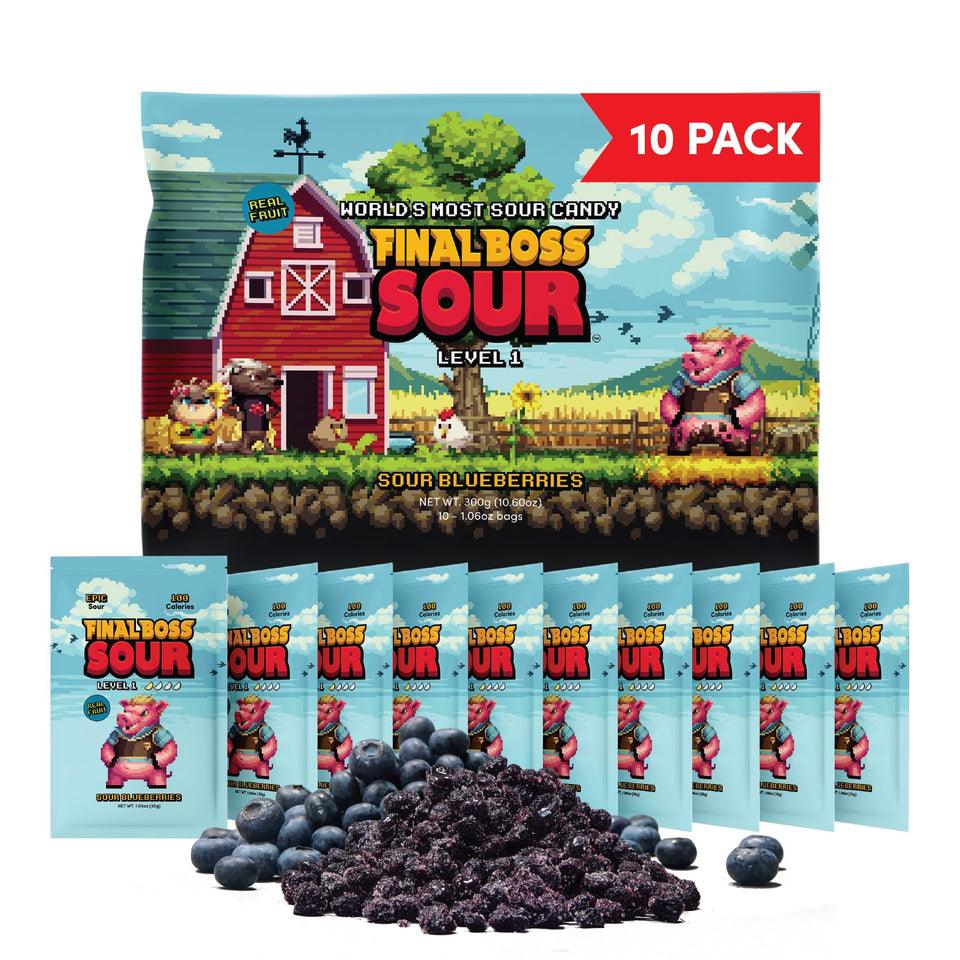 Final Boss Sour Blueberry Level 1 pack with real dried fruit for a naturally fruity snack.