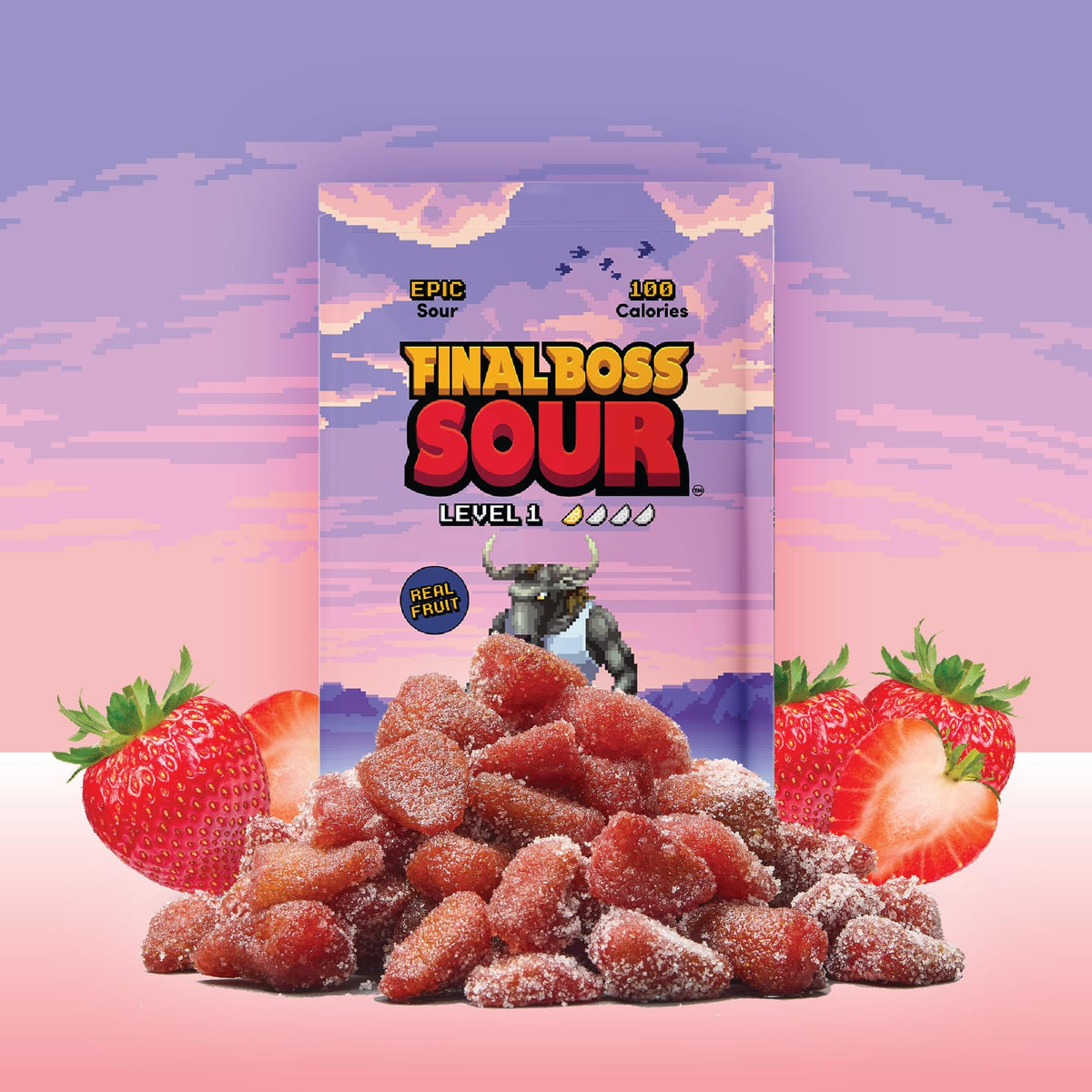 Final Boss Sour Strawberries back view with resealable pack for on-the-go snacking.