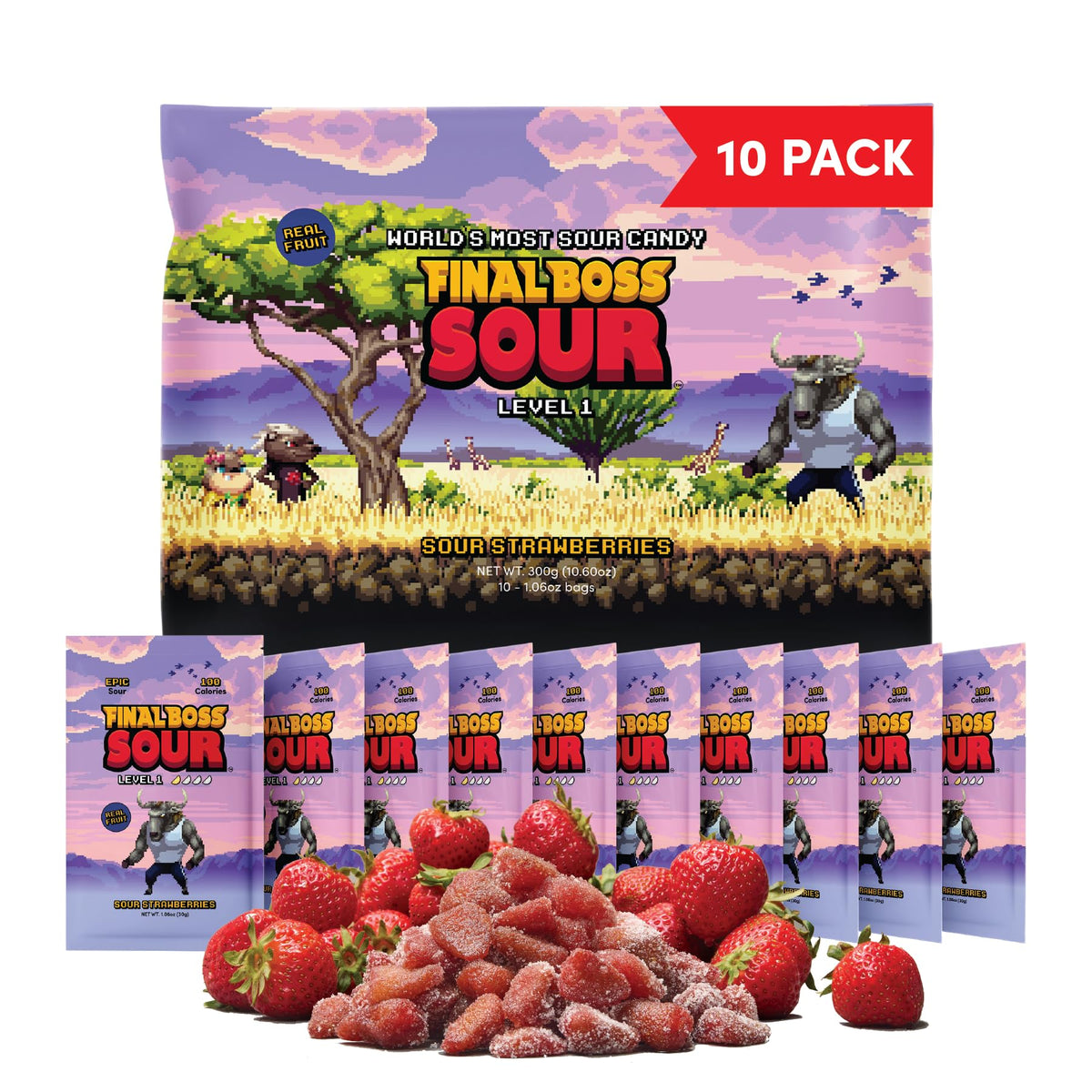Final Boss Sour Strawberries 10-pack front view, tangy, kid-friendly lunch box snack.