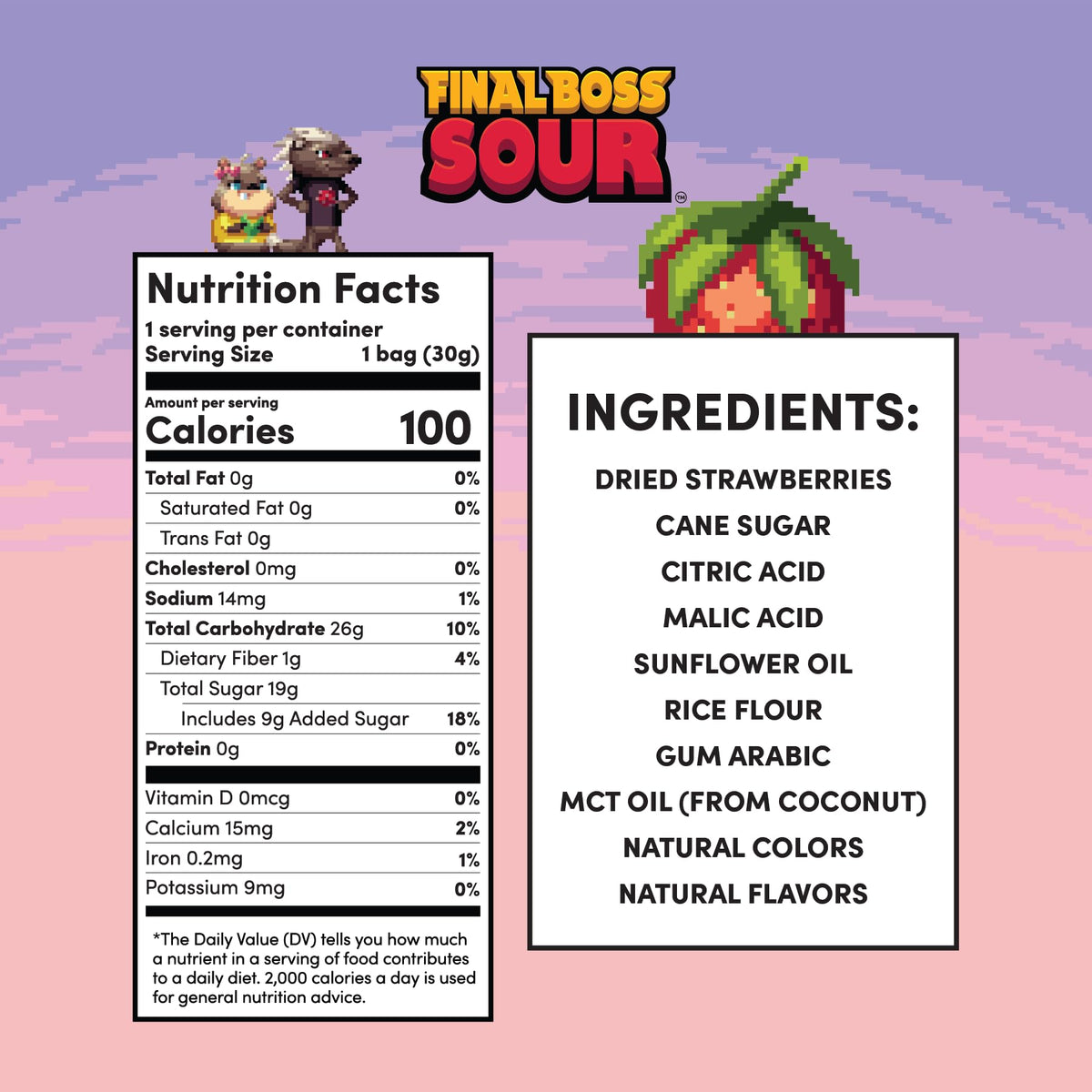 Final Boss Sour Strawberries closeup reveals real dried fruit pieces and chewy texture.