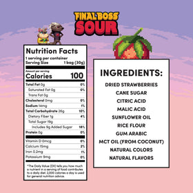 Final Boss Sour Strawberries closeup reveals real dried fruit pieces and chewy texture.