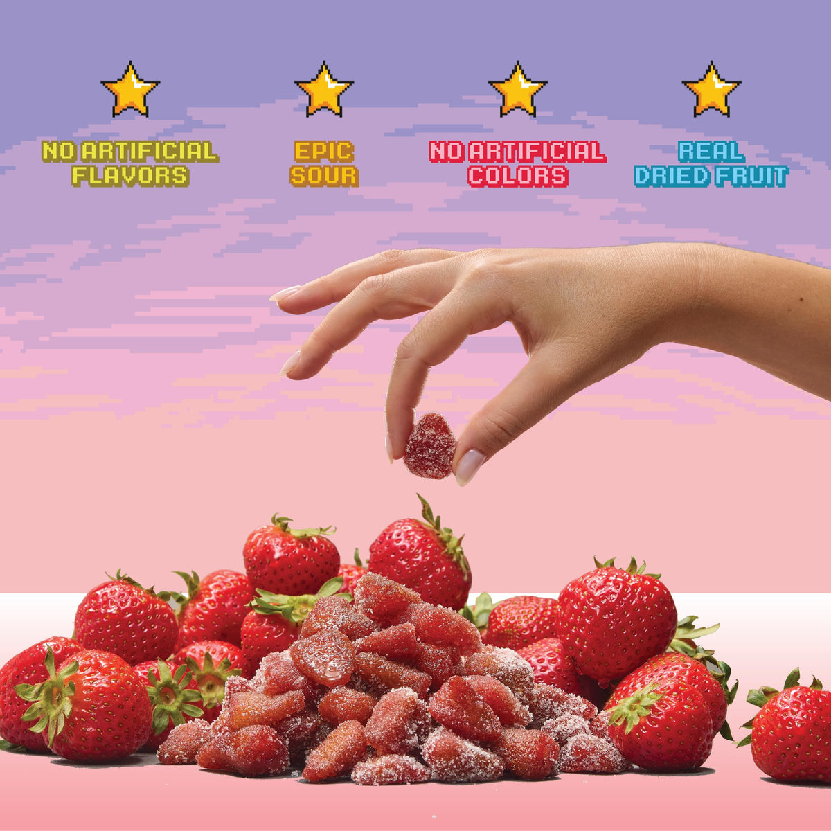 Final Boss Sour Strawberries open-pack image demonstrates portable lunchbox snack idea.