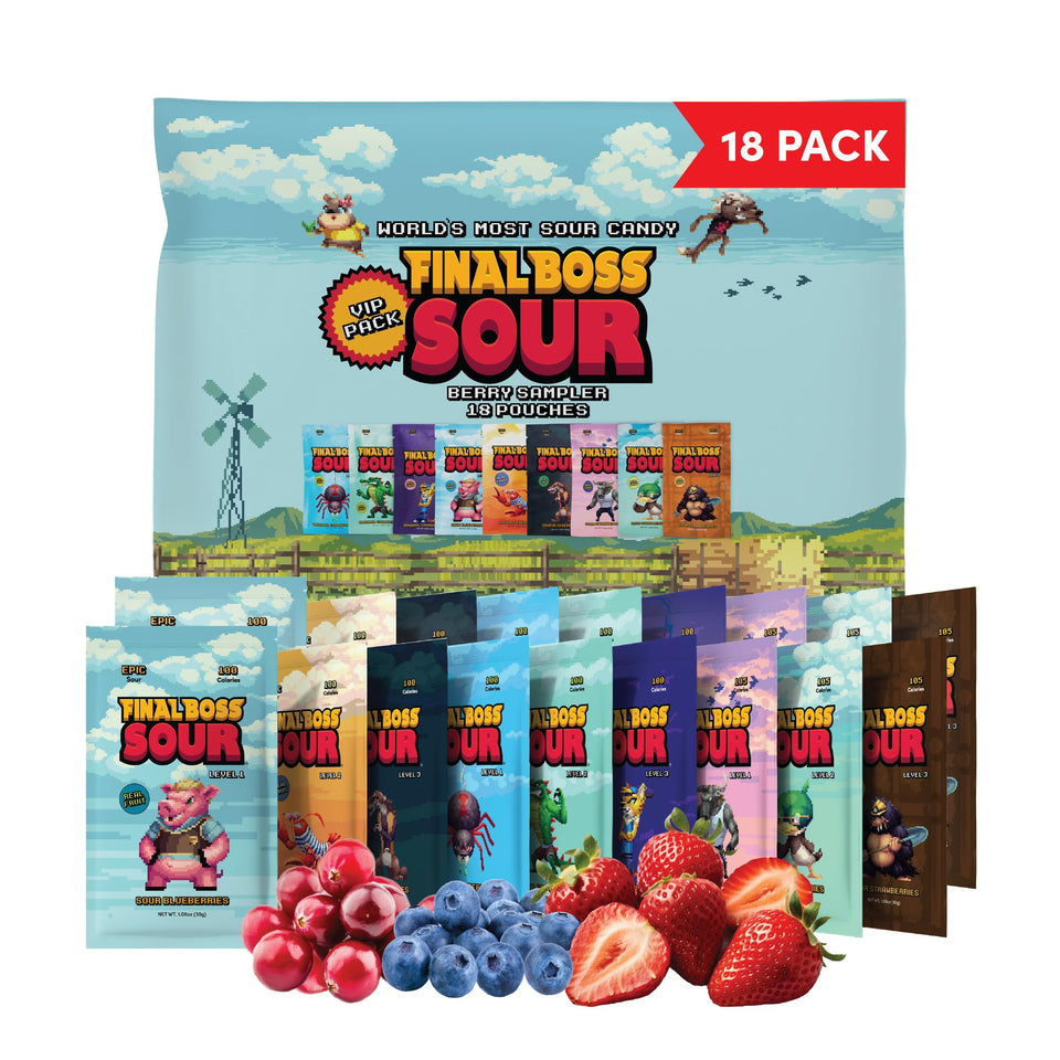 Final Boss Sour Variety Pack front view; 18-pack for convenient on-the-go snacking.