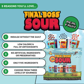 Final Boss Sour Level 1 chews show mild tang and fruity notes.