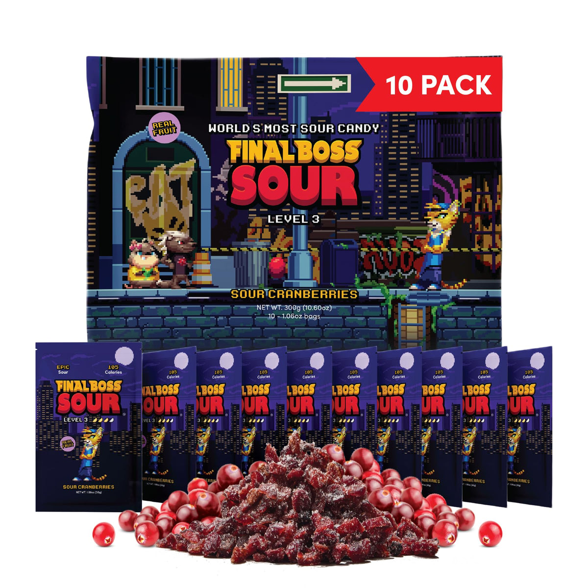 Final Boss Sour Cranberry Level 3 pouch for on-the-go snacking with real fruit.
