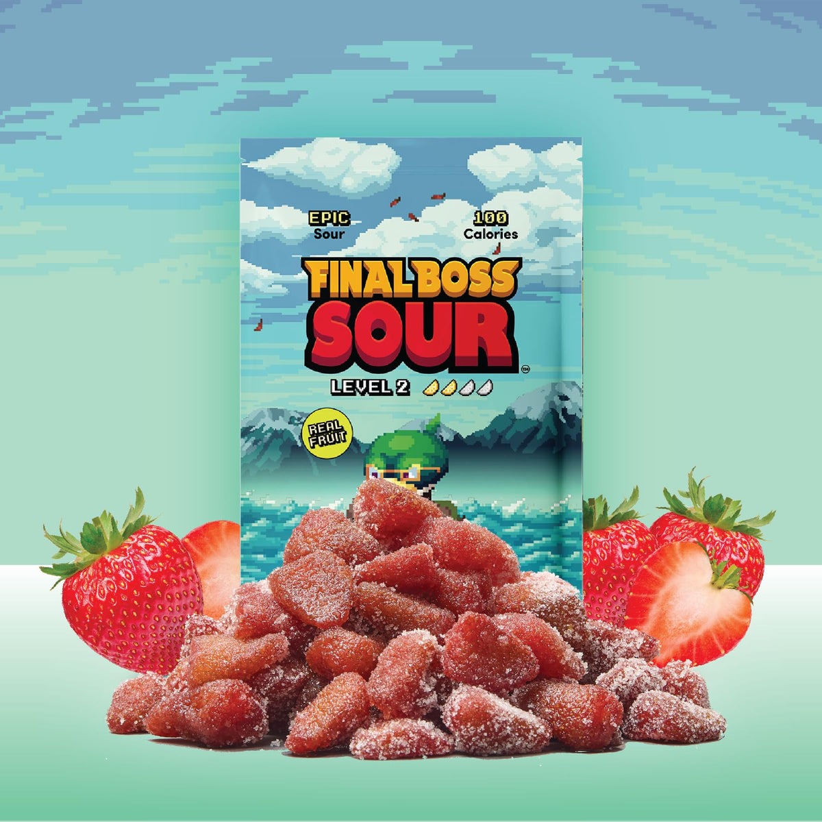 Final Boss Sour Strawberries pouches showing single-serve portions