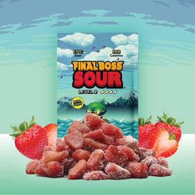 Final Boss Sour Strawberries pouches showing single-serve portions