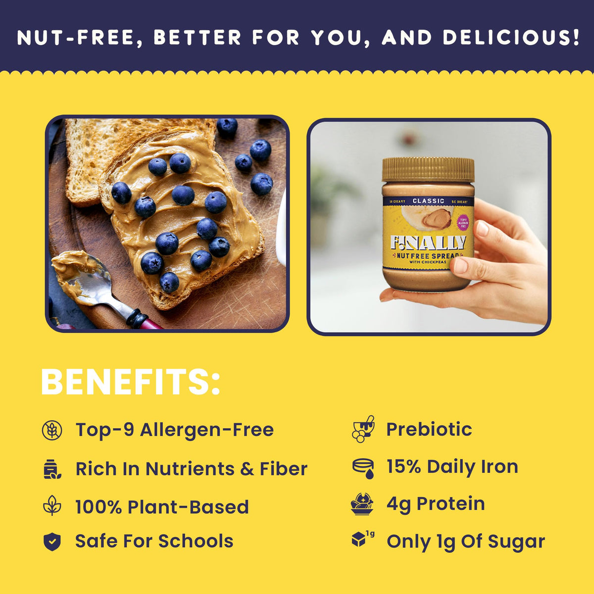 Finally Nut Free Classic Spread label close-up highlights clean ingredients.