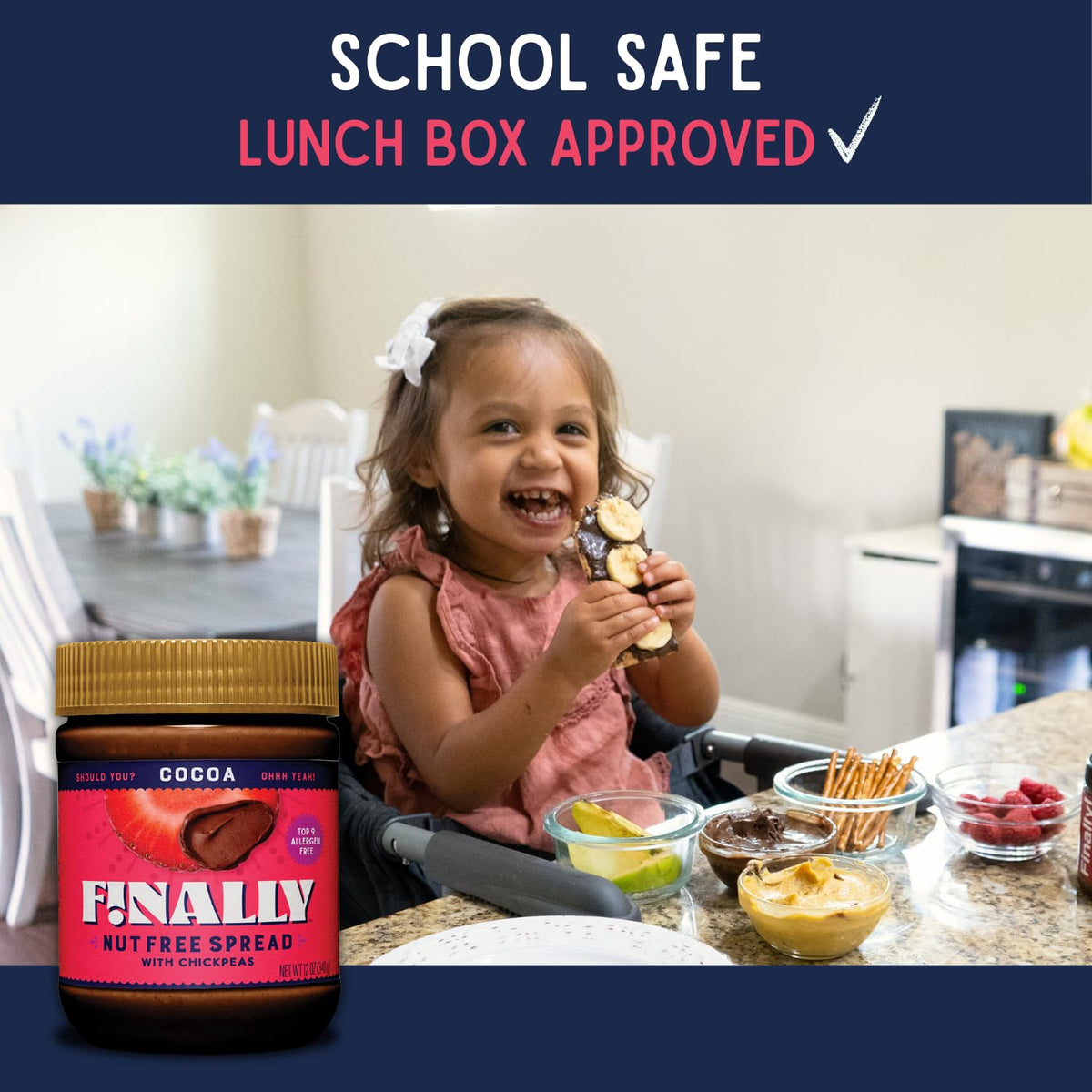 Finally Nut Free Cocoa Spread USA-grown chickpeas label conveys clean ingredients