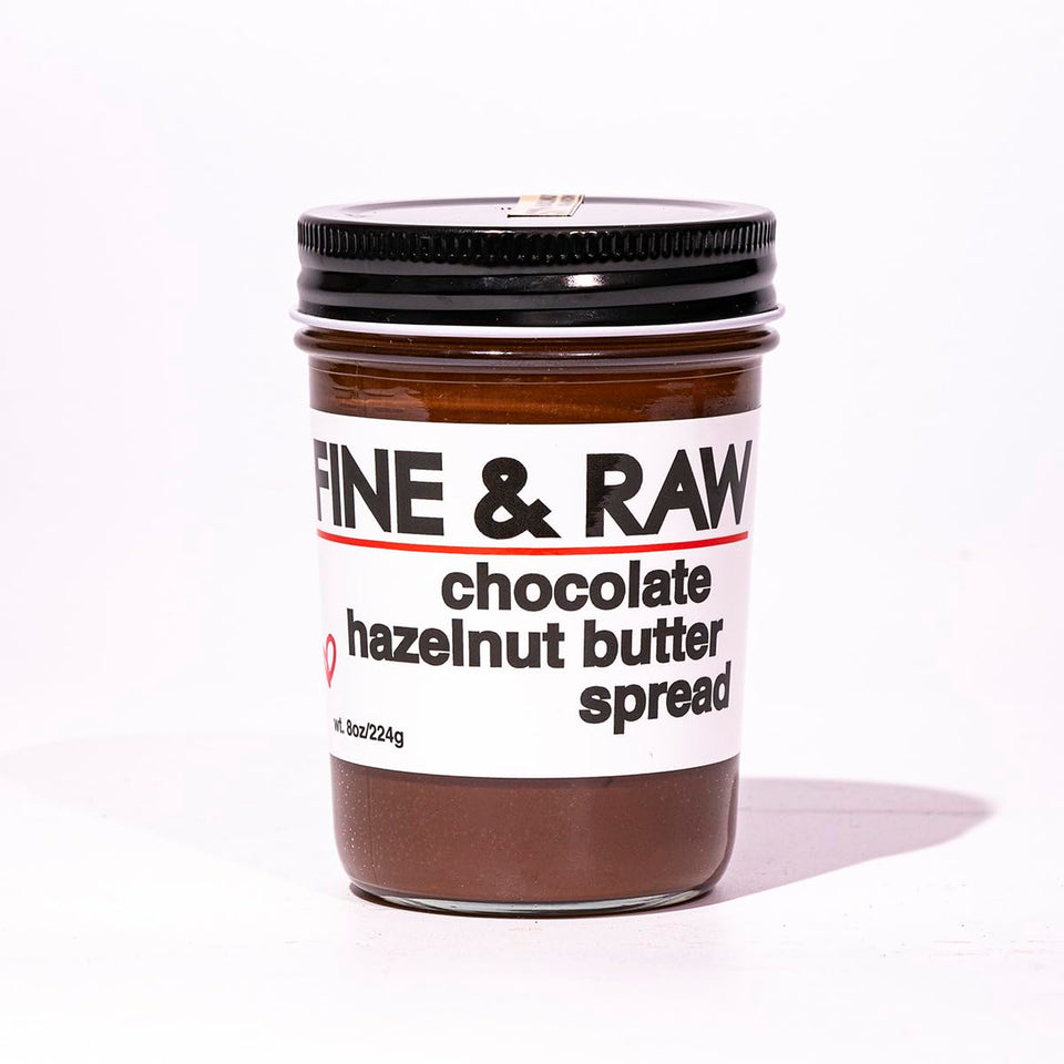 Fine & Raw chocolate hazelnut butter spread 8-ounce jar, creamy for toast.