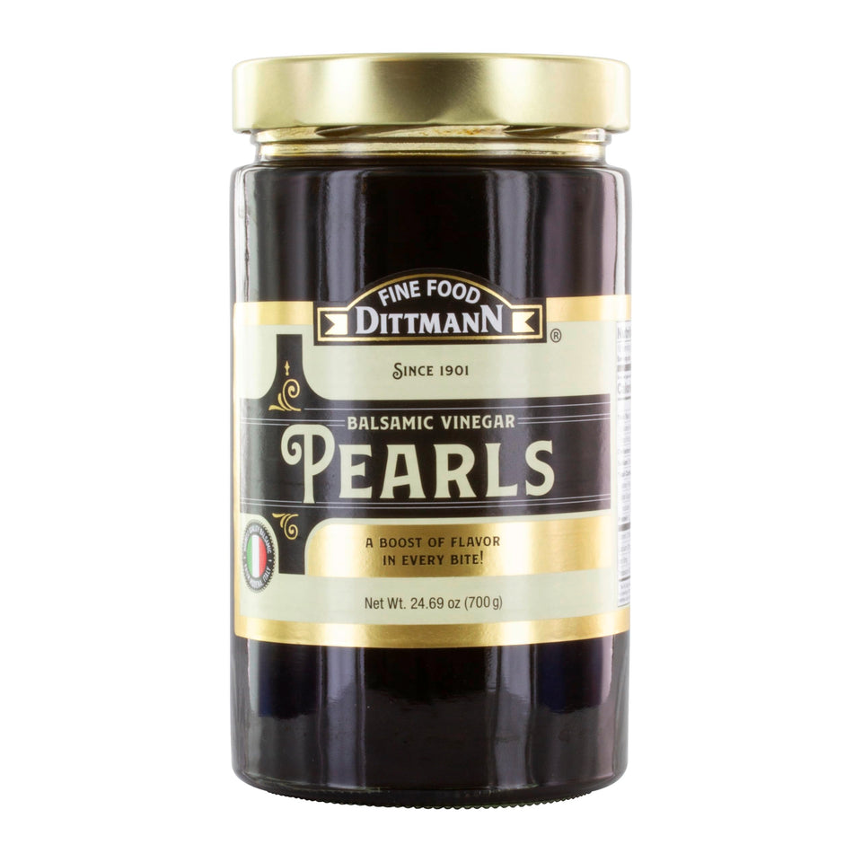 Fine Food Dittmann balsamic pearls in jar delivering rich Modena flavor