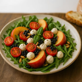 Balsamic pearls on a fresh salad enhance brightness and texture