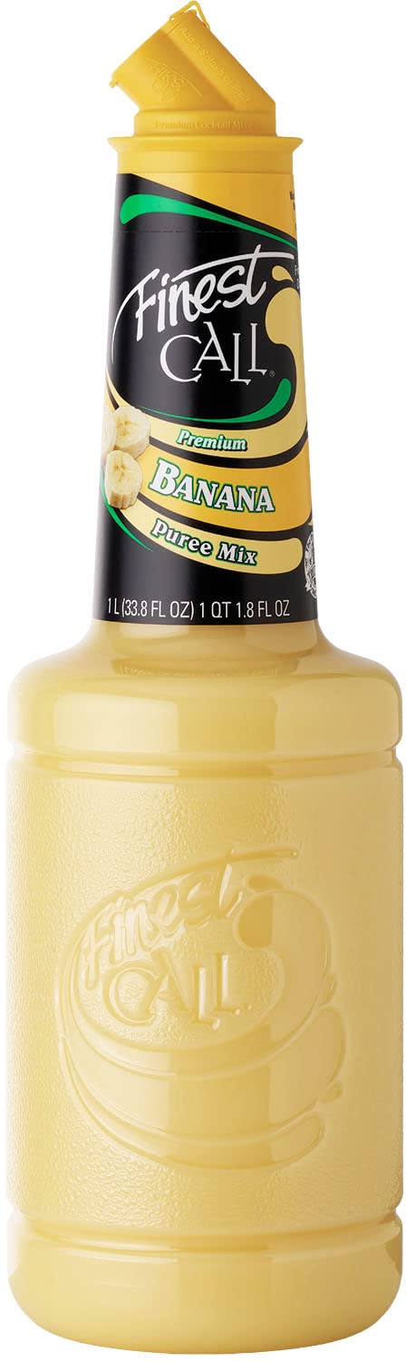 Finest Call banana puree bottle demonstrates quality fruit for premium cocktails.